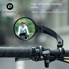 Round rearview mirror with black mount, reflecting cyclist on bicycle handlebar