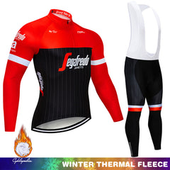 Men's cycling thermal fleece jersey and bib shorts set, red/black long sleeve