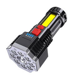 Black handheld rechargeable LED flashlight with red switch and yellow light window