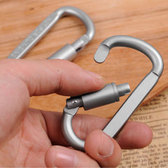 Silver aluminum D-shaped carabiner clip with gate open and locking latch