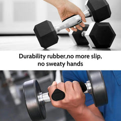 Black grip trainer with textured palm pad and oval cap used while holding dumbbells