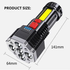 Black rechargeable LED flashlight with side LED array and size markings