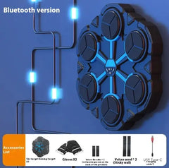 Boxing target machine with six circular striking pads and blue LED accents