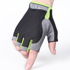 Half-finger cycling gloves, black with neon green cuffs and gray palm panels