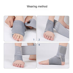 Gray ankle wrap being adjusted with hands at the heel and ankle.