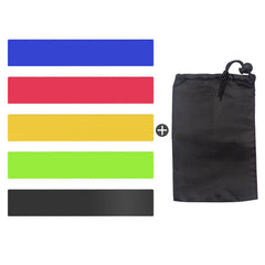 Resistance loop band set with blue, red, yellow, green, and black bands plus storage bag