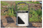 Gray collapsible fishing water bucket with carry handles and top opening, front logo