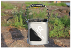 Gray collapsible fishing water bucket with carry handles and top opening, front logo