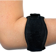 Adjustable sports elbow brace on arm, black wrap with support pad