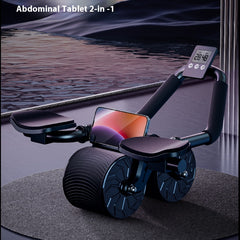 Rebound ab wheel roller with blue wheels, curved handles, and digital display