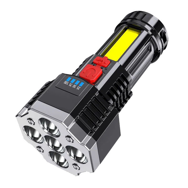 Black portable LED flashlight with silver base and multiple front bulbs, red button