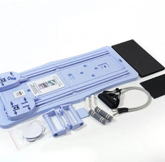 Blue sliding board kit with black side pads, guide rails, and included accessories