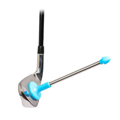 Golf swing indicator tool close-up with metal rod and blue guide, clubhead base