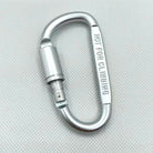Silver thickened D-shaped locking carabiner with stamped warning text