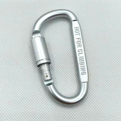Silver thickened D-shaped locking carabiner with stamped warning text