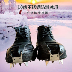 Black ice cleats attached to boots with metal spikes for icy grip