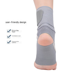 Gray ankle support brace with compression wrap around the heel and ankle.
