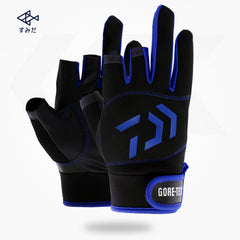 Three-finger fishing gloves, black with blue accents and GORE-TEX wrist patch