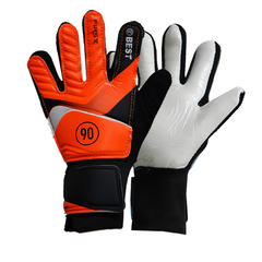Kids goalkeeper glove pair with orange-and-white palms, black fingers, and black hook-and-loop cuffs.