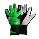 Kids green and white goalkeeper gloves with black wrist strap and textured grip fingers, 90 patch
