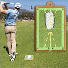 Green target practice board with yellow swing guide lines on a mat