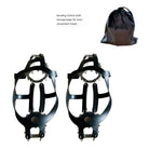 Metal and black ice cleat pair with front traction spikes and straps