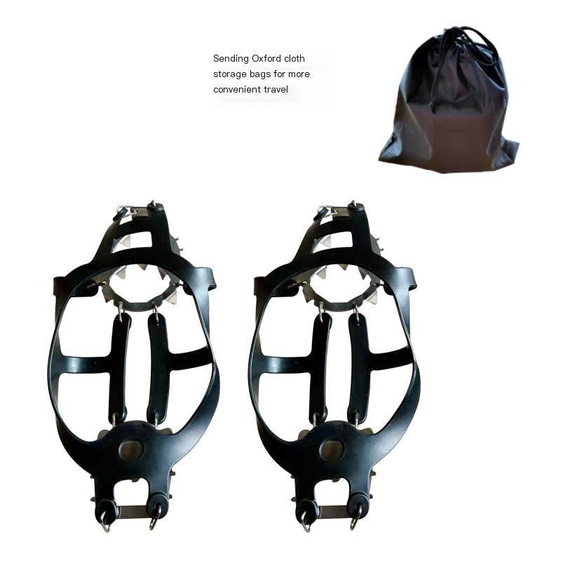 Metal and black ice cleat pair with front traction spikes and straps