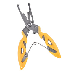 Fishing hook remover pliers with yellow grips and silver jaws