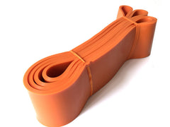 Orange latex loop resistance band with two end loops and stacked band length.