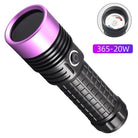 Black UV flashlight with purple front bezel, side button, and visible lens opening