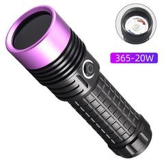 Black UV flashlight with purple front bezel, side button, and visible lens opening