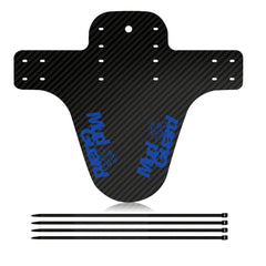Carbon fiber mountain bike mudguard with blue MXGuard lettering and mounting straps
