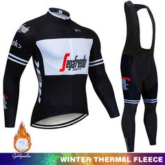 Men's cycling thermal fleece jersey and bib shorts set, black/white long sleeve
