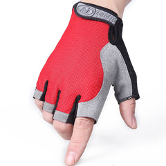 Red winter half-finger cycling gloves with black wrist strap and gray anti-slip palm