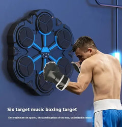 Boxing target machine with six blue-accented circular pads; gloved person punches