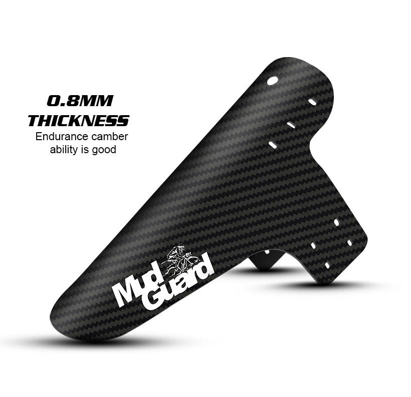 Carbon fiber mudguard with 0.8mm thickness text, MXGuard logo, and mounting holes