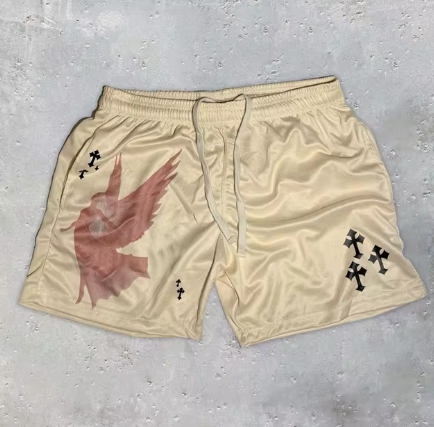 Y2K angel cross print athletic shorts, back view