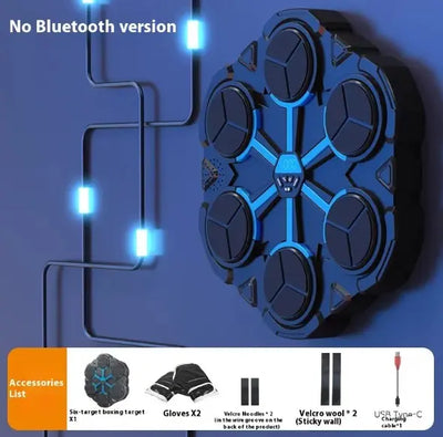 Boxing target machine with six circular pads and blue accents