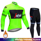 Neon green and black long-sleeve cycling thermal fleece jersey with matching bib tights