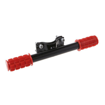 Kids scooter handlebar with red ribbed grips and black folding stem