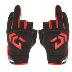 Three-finger fishing gloves, black with red trim and red arrow logo