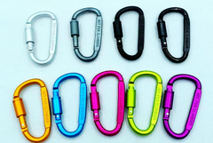 D-shaped locking carabiners, multiple colors row