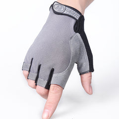 Gray winter half-finger cycling gloves with black wrist strap and gray anti-slip palm