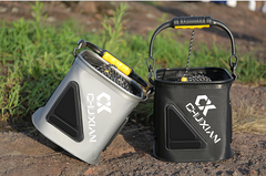 Gray and black collapsible fishing water buckets with carry handles and front logo