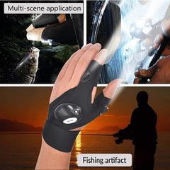 Black LED flashlight glove on hand with oval light module and small control button