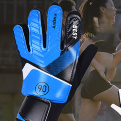 Kids blue goalkeeper gloves with black accents and padded latex grip palm, wrist strap and 90 patch