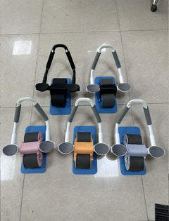 Ab wheel exercise roller set with curved handles and padded foot supports