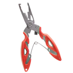 Fishing hook remover pliers with red grips and silver jaws, no belt shown