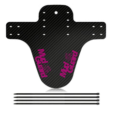 Carbon fiber mountain bike mudguard with pink MXGuard lettering and mounting straps