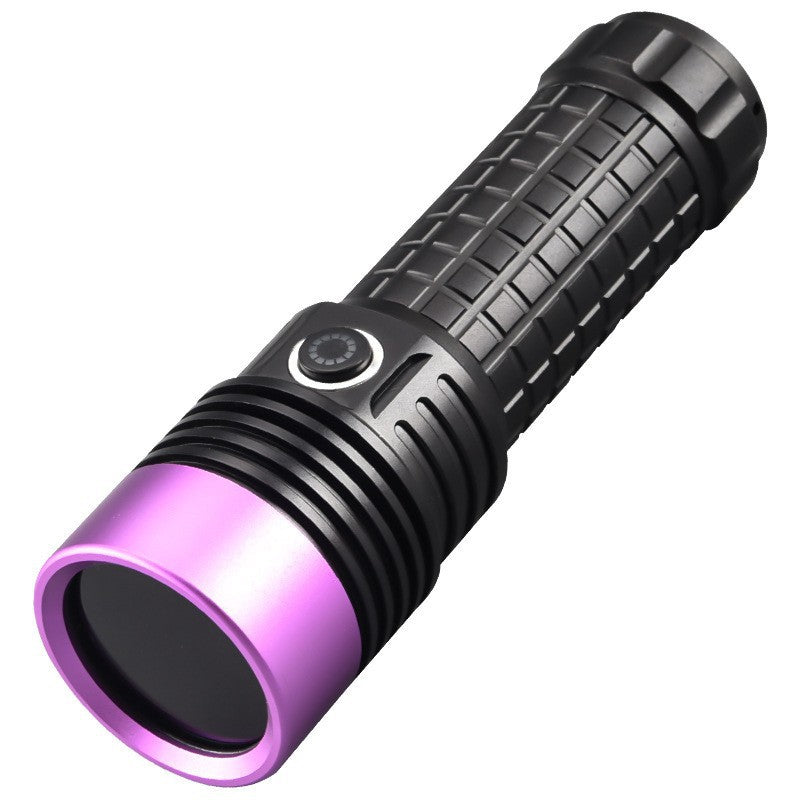 Black UV flashlight with purple glass lens and textured grip body, pocket-ready